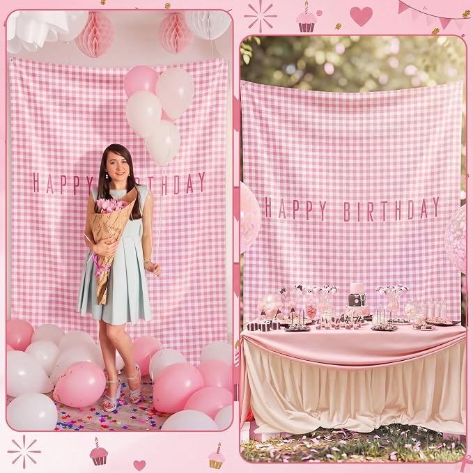 Flutesan 7x5ft Pink Gingham Happy Birthday Backdrop Large Banner Fabric Tapestry Birthday Party Decoration Baby Shower Linen Rustic Background Wall Photo Props Indoor Outdoor