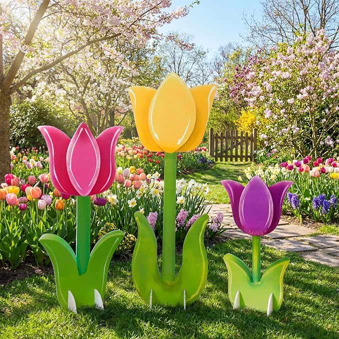 Amyhill 3 Pcs Spring Decorations Tulip Cardboard Cutout Standup Life Size 16.93/23.23/29.92 Inches Tulip Flower Cardboard Cutouts for Mother's Day Indoor Outdoor Yard Baby Shower Party Photo Props