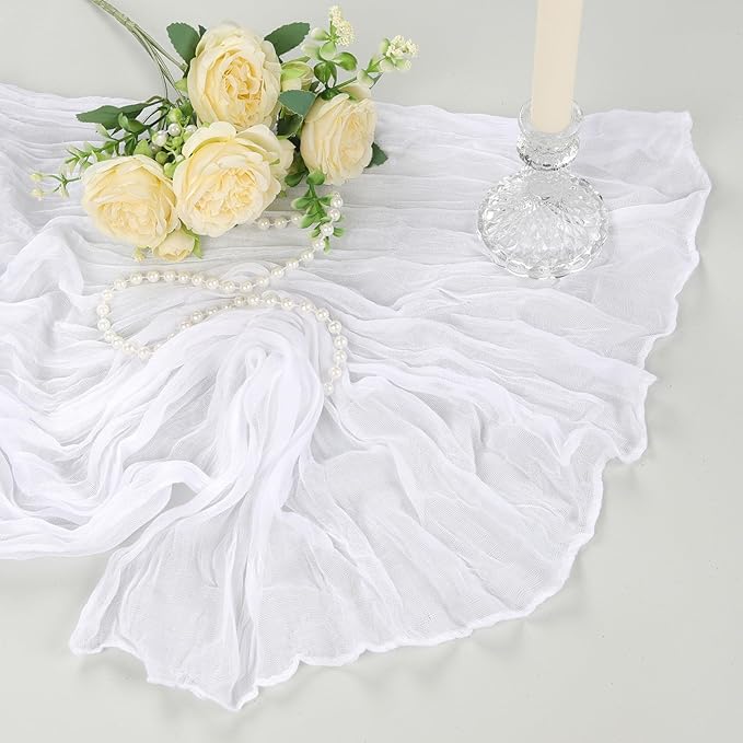 6 Pack White Cheesecloth Table Runner 10Ft Spring Gauze Cheese Cloth Table Runner 35x120 Inch Boho Sheer Rustic Fabric for Party Decor Baby Shower Wedding Holiday Decorations