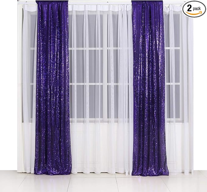 Poise3EHome 2ft x 8ft Purple Sequin Photography Backdrop Curtain 2 Panels for Halloween Party Decoration