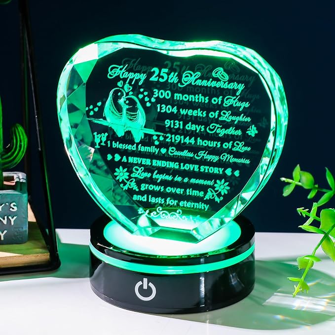 YWHL 25th Wedding Anniversary Crystal Heart Gifts for Couple Parents, Romantic 25 Year Anniversary Crystal Keepsake Gifts for Wife Husband with LED Base, 25 Years of Marriage Gifts for Her Him