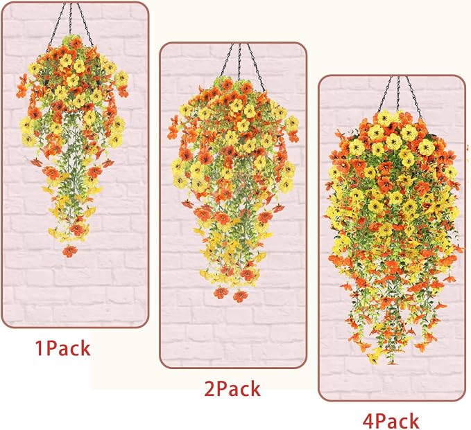 4PCS Artificial Hanging Flowers for Outdoors Summer Decoration, Upgrade UV Resistant Faux Silk Hanging Plants for Outside Home Planter Porch Patio Decor (Orange&Yellow)