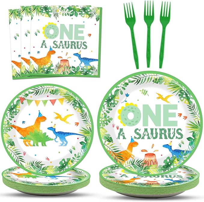 Chunnin 96Pcs One A Saurus Birthday Party Plates and Napkins Dinosaur First Birthday Decorations Tableware Set for 24 Guests Boys Kids Dino Party Supplies