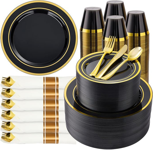 BESTVIP 700PCS Black Gold Plastic Dinnerware Set for 100 Guests, Disposable Plates for Party, Include: 200 Plastic Plates, 100 Pre Rolled Napkins with Gold Silverware, 100 Cups for Christmas