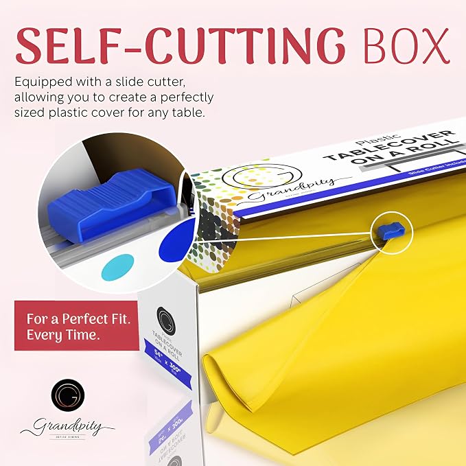 Grandipity Plastic Tablecloth Roll - 54in x 300 Ft. Yellow Plastic Table Cloths for Parties Disposable with Cutter Box - Cut to Size Disposable Tablecloth Table Cover for Rectangle & Round