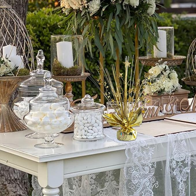 12 Pack Metallic Gold Foil Spray Centerpieces Stars Brust Table Centerpieces for Wedding Birthday Anniversary Holiday Party Decor, Metallic Star Balloon Wights for Party, Table Decor for Party