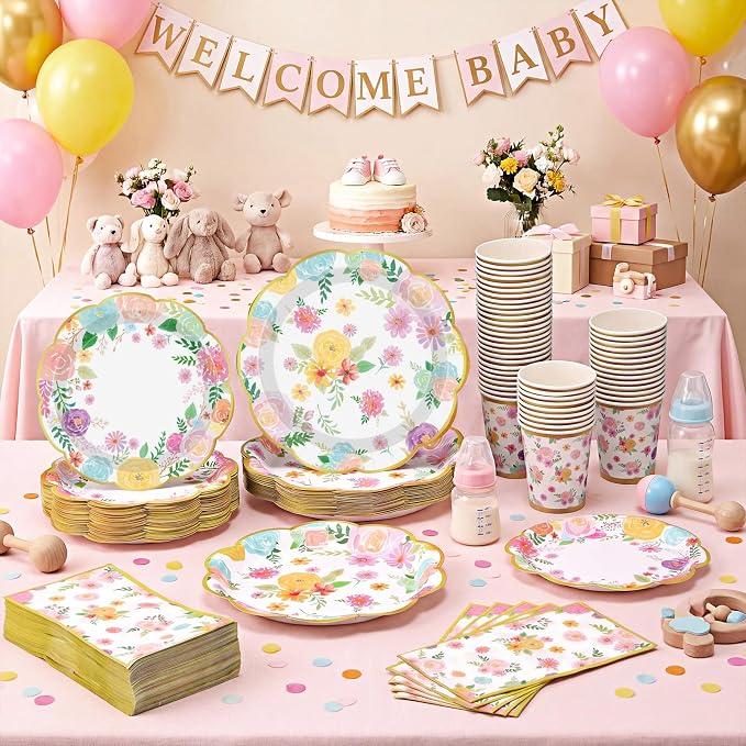 Pickmesh 250 Pcs Garden Blooms Wildflower Disposable Tableware Set Watercolor Floral Paper Plates Napkins and Cups for Wedding Birthday Party Supplies Bridal Baby Shower Engagement, Serve 50 Guest