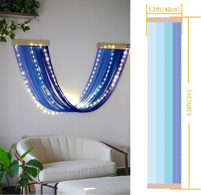 Macrame Fairy Lights Battery Operated with Remote & Timer, Blue Gradient | Handwoven Wall Hanging with 20ft 100 LEDs Warm White Timer String Lights for Bedroom,Living Room,Party,Wedding,Christmas Deco