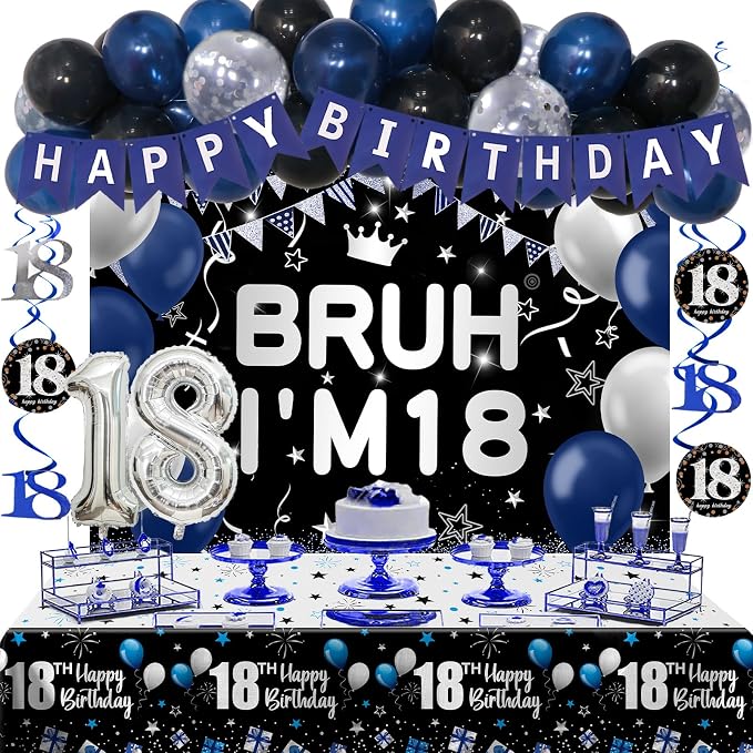 18th Birthday Decorations for Boys & Girls, 54 PCS Blue Black Party Decorations, 18 Year Old Boy Birthday Party Supplie with Banner Backdrop, Hanging Swirls, Tablecloth, Bruh I'm 18 Party Supplies