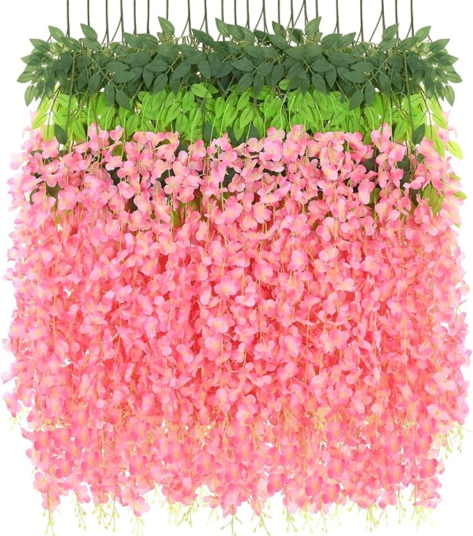 BLEUM CADE 10Pcs Deep Pink Fake Wisteria Hanging Flowers, 3.6Ft/Pcs Artificial Wisteria Garland, Hanging Flowers for Wedding Party Home Backdrop Wall Decoration