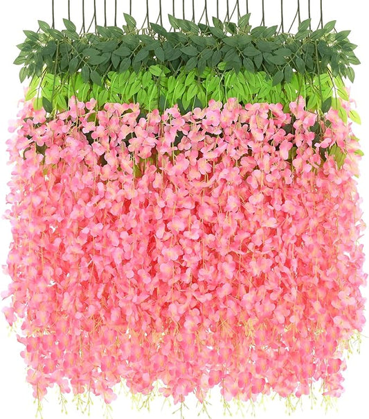 BLEUM CADE 10Pcs Deep Pink Fake Wisteria Hanging Flowers, 3.6Ft/Pcs Artificial Wisteria Garland, Hanging Flowers for Wedding Party Home Backdrop Wall Decoration
