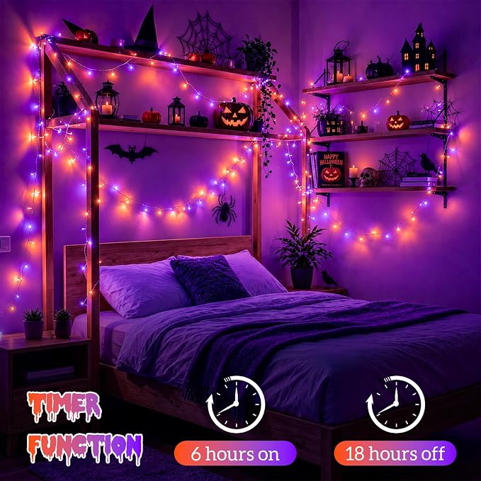 YEGUO Battery Operated Halloween Lights, 2 Pack Each 33ft 100 LED Orange and Purple String Lights Outdoor Waterproof, 8 Modes Clear Wire Christmas Twinkle Lights Indoor with Remote