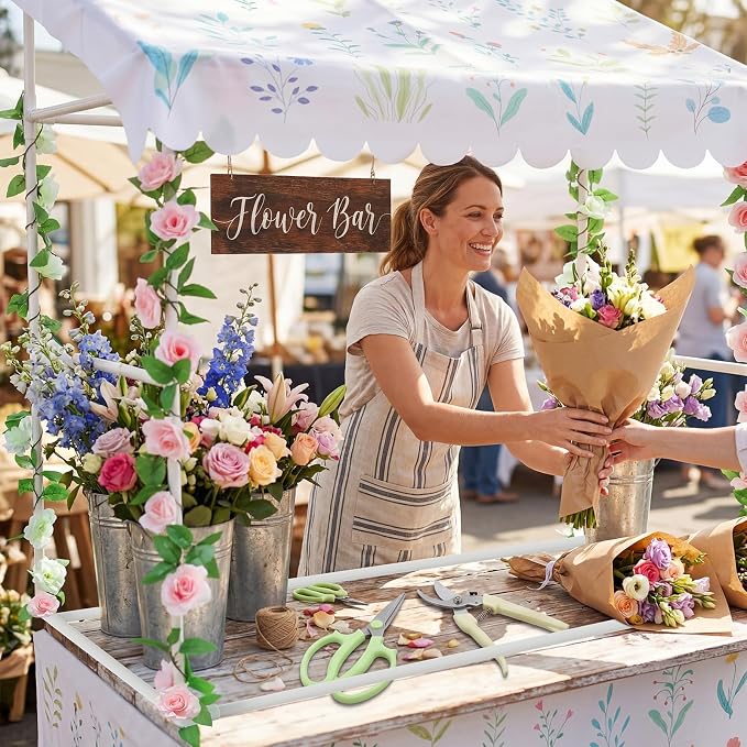 7 Pcs Flower Bar Stand Kit Flower Display Bloom Bar with 1 Set Plastic Stand 1 Floral Sunshade Cloth 4 Rose Tinsel 1 Wood Sign for Wedding Shop Floral Party Supplies Garden