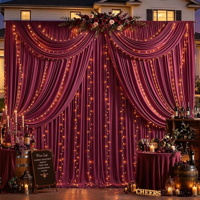 Burgundy Backdrop Curtains with Lights for Parties,10x10FT Wrinkle Free Wedding Photo Backdrop Curatin Drapes Fabric for Baby Shower Birthday Ceremony Reception Home Party Decorations