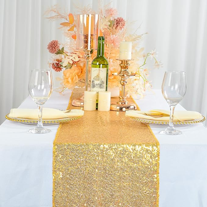 ShinyBeauty Gold Table Runners 108 Inches Long Sequin Table Runner 20 Packs Glitter Fabric Sparkle Golden Table Linen for Party Wedding Outdoor Dining Tables