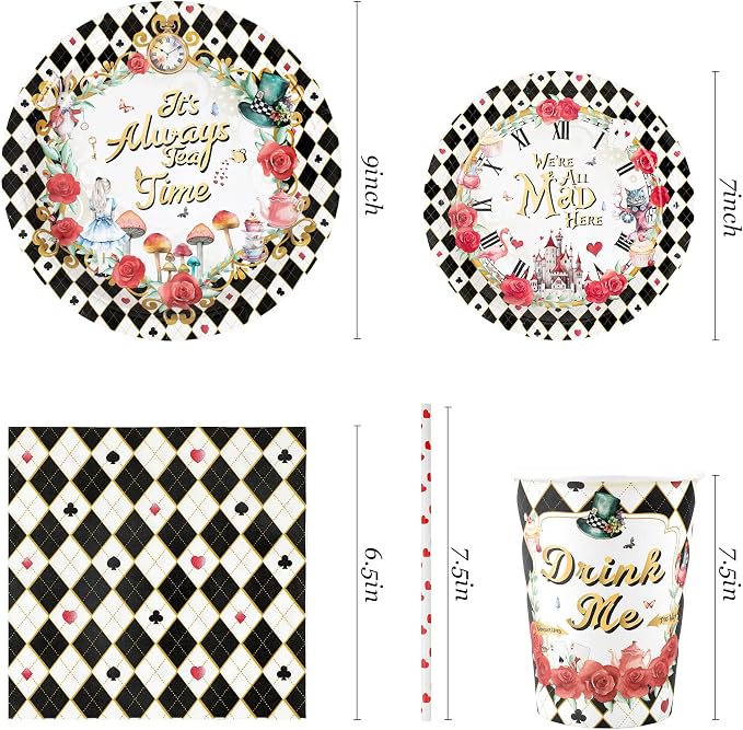 Alice Tea Party Decorations - Baby Shower Paper Plates, Napkins, Cups & Straws for 24 Guests, 120 Pcs Disposable Party Dessert Dinnerware