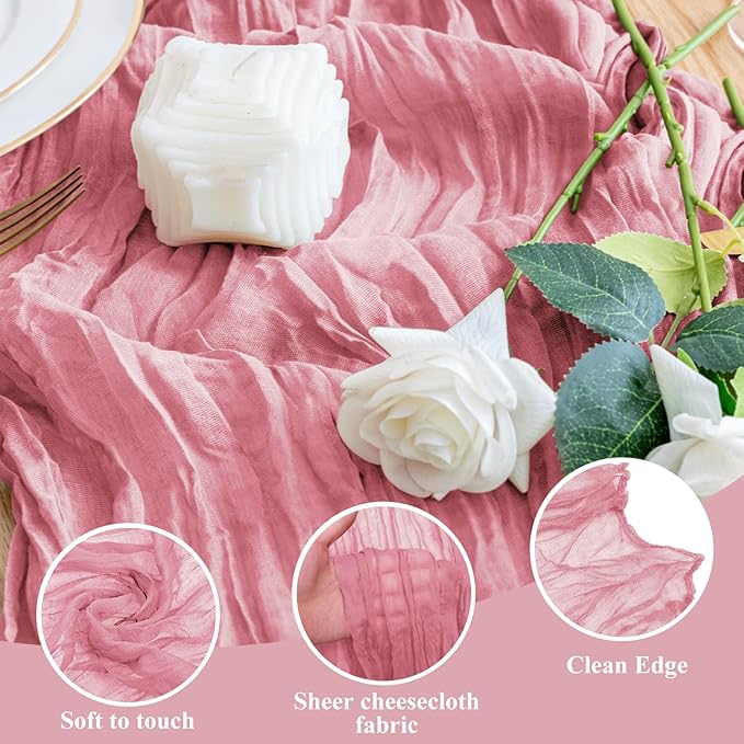 Wokceer Cheesecloth Table Runner 12Pack 10FT Dusty Rose Boho Gauze Cheese Cloth Table Runner for Party Long Rustic Sheer Table Runners for Baby Bridal Shower Wedding Easter Table Decor