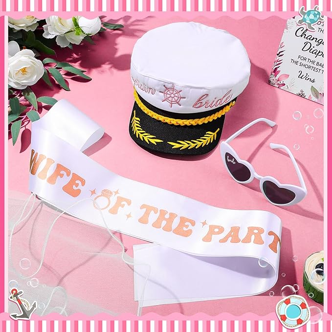 JaGely Bride Captain Hat with Veil, Bachelorette Sash & Sunglasses for Bridal Shower Bachelorette Party Decor Accessories(Wife of the Party)