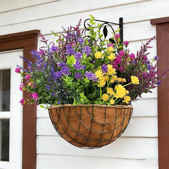 Artificial Flowers for Outdoors, UV Resistant Fake Plants for Spring Outside Window Box Hanging Planters Porch Realistic Plastic Faux Flower Bulk for Wedding Garden Decor(12,Purple,Red,Yellow)