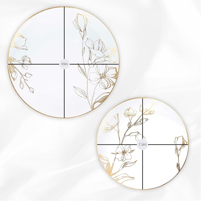 PLASTICPRO 60 Piece Combo Plates Set includes 30-7'' inch & 30-10'' inch White Plastic Floral Design Party Plates With Gold Rim, Premium heavyweight Elegant Disposable Tableware