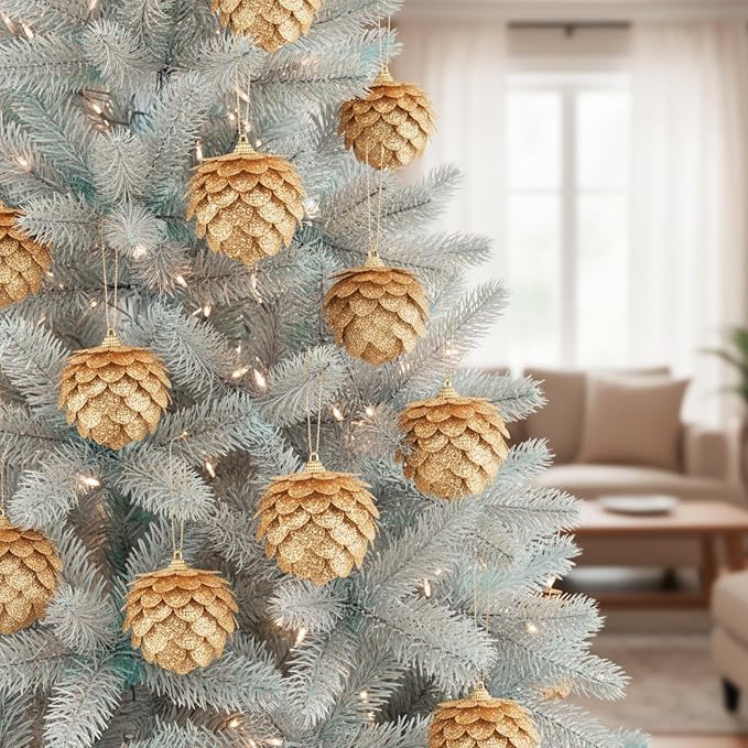 Sratte 8 Pcs Valentine Ball Ornaments Artificial Pinecone Hanging Ornaments Glitter Winter Faux Flower for Xmas Decor, 3.15/2.36 Inch(Gold)