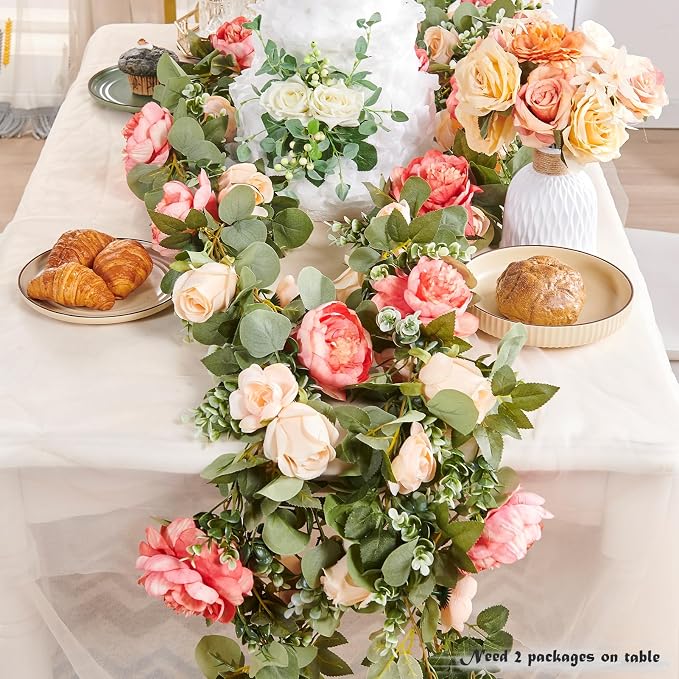 Artificial Flower Garland 3pcs 5.9ft Champagne Pink Floral Peony Vine Decor | PONKING Fake Rose Vine Flowers Hanging Faux Roses String for Room Party Home Wedding Birthday Wall Arch Decoration