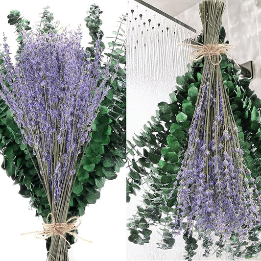 Daifunli 460 Pcs Mix Dried Eucalyptus Stems & Lavender Flowers Bundle for Shower 17'' Natural Real Hanging Live Eucalyptus Leaves Branches for Wedding Decor Fresh Farmhouse Bathroom Table Vase Decor
