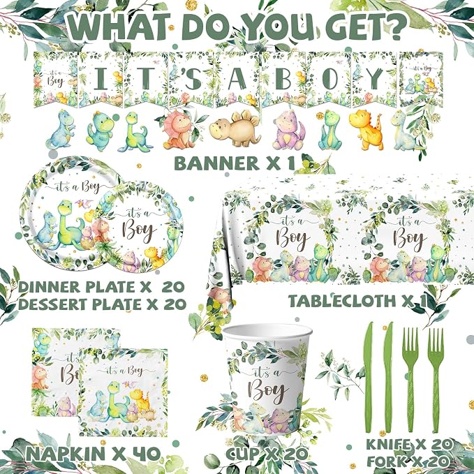 Dinosaur Birthday Party Decorations It's a Boy Baby Shower Party Supplies Disposable Dino Plates Napkins Banner Tablecloth Dinosaur Baby Boy Shower Decorations for 20 Guests