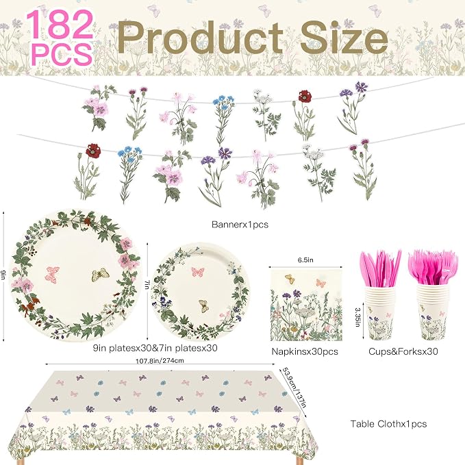 182pcs Wildflower Party Supplies,Disposable Wildflower Paper Plates and Napkins Tableware Set,for Baby Shower, Wedding, Birthday Party Decorations,Serves 30