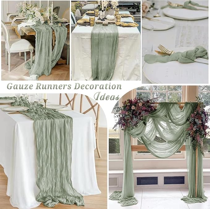 16 Pack Sage Green Cheesecloth Table Runner 10FT Boho Gauze Cheese Cloth Table Runner Long Rustic Sheer Table Runners for Wedding Bridal Baby Shower Birthday Party Table Decorations