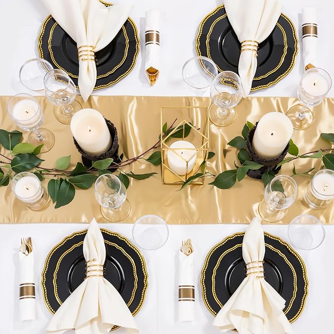 Hioasis 175pcs Black and gold Plastic Plates - Gold Plastic Dinnerware Set Includes 25 Dinner Plates, 25 Dessert Dinnerware, 25 Cups, 25 Napkins Perfect for Wedding & Party