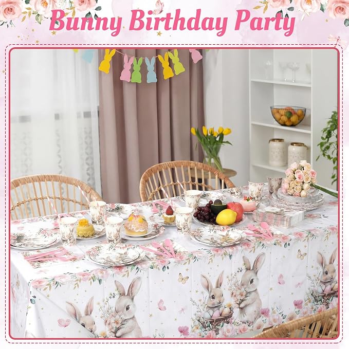 452 Pcs Bunny Birthday Party Decorations for 50 Guests, Pink Floral Bunny Paper Plates and Napkins Cups Cutlery Rabbit Disposable Tableware Set for Spring Baby Shower Birthday Supplies