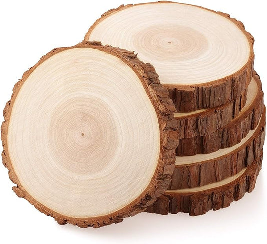 Fuyit Unfinished Wood Slices for Centerpieces, 6Pcs 6-6.3 Inch Natural Wooden Round Discs with Bark for Rustic DIY Crafts, Table Base, Wedding Decoration