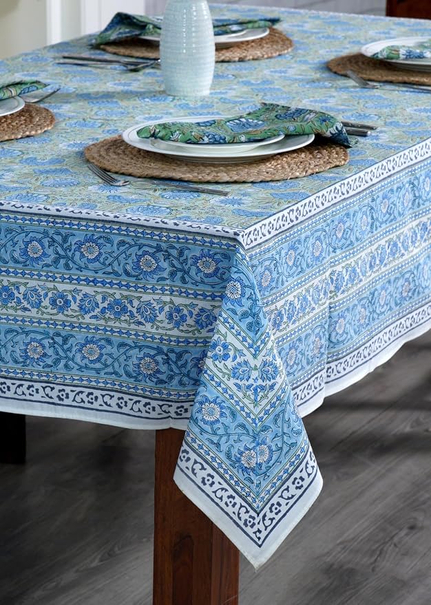 Ridhi Asparagus Green Gadd Hand Block Print Cotton Rectangle Tablecloth 118" x 70" inches Reusable Table Cover Decorative Everyday Use for Dining Room, Farmhouse, Home Gift for Spring, Mother's Day
