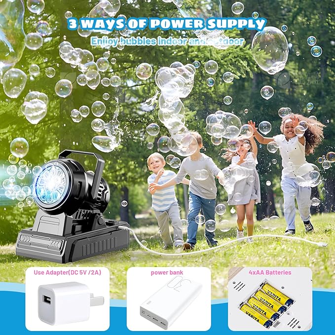 SHCKE Automatic Bubble Machine 10 Holes Bubble Blower,45° Adjustable,Dual Power USB-C or 4 AA Batteries,Top-Fill Portable Bubble Maker for Outdoor Birthday Party Pool Wedding Camping