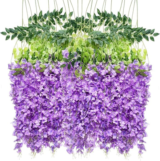 Artificial Wisteria Hanging Flowers Fake Wisteria Flower Garland Silk Vines Rattan Decor for Home Wedding Arch Wall Garden Greenery Bedroom Outdoor Office Party Decoration (24, Light Purple)