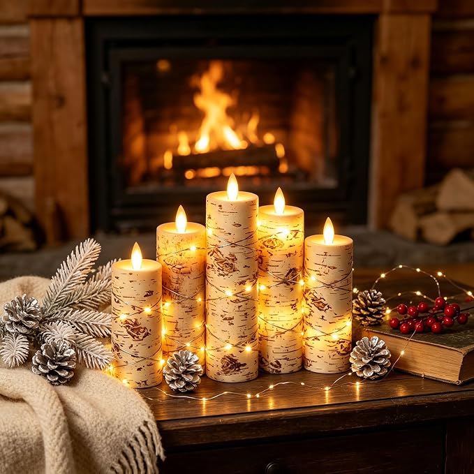 Da by 5 Pack Birch Bark Real Wax Flameless Taper Candles, Lifelike Flickering LED Candles with Copper String Lights, Battery Operated Candles with Remote for Farmhouse Wedding Home Decor