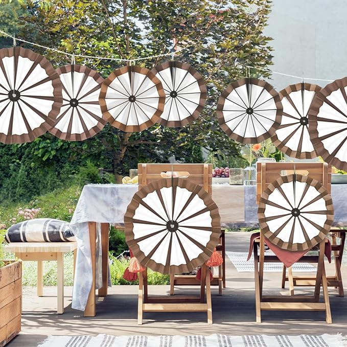 Outus 18 Pcs Western Cowboy Party Decorations Paper Fans Wagon Wheels Straw Hay Bales Hanging Ceiling Wall Decor for Country Western Themed Rodeo Farm Birthday Party Supplies (Wagon Wheels)