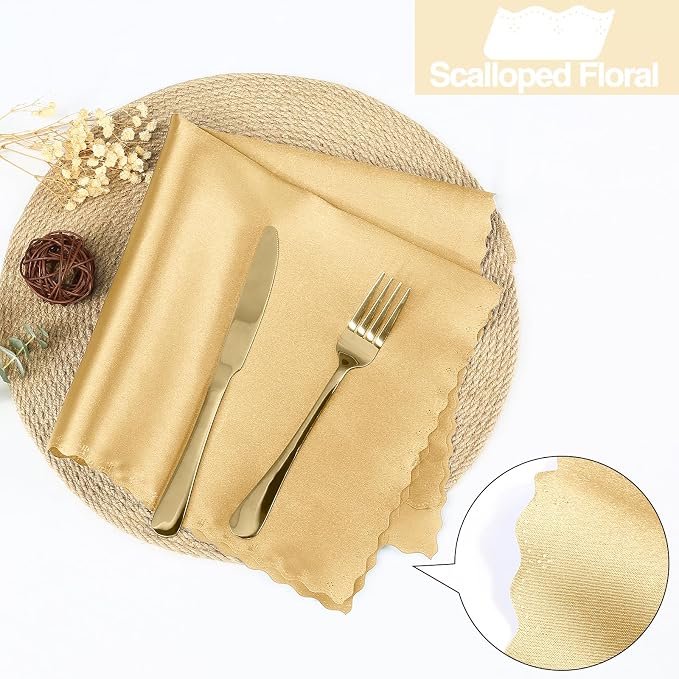 Homiest Gold Satin Napkins - 100 Pack (17x17 Inches), Scalloped Square - Silky & Elegant, Perfect for Wedding, Dinner & Party