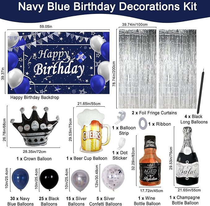 Blue Happy Birthday Decorations for Men Boys, 89PCS Blue Black Birthday Decorations Kit with Backdrop Banner Foil Balloons Fringe Curtains for 18th 21st 25th 30th 35th 40th 50th 60th Party Supplies