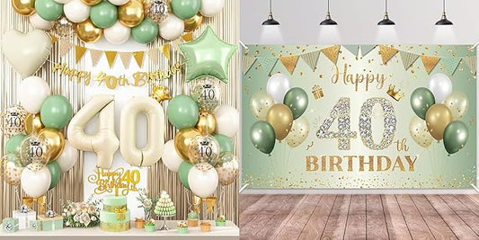 40th Birthday Decorations for Her,Sage Green Happy 40th Birthday Decorations Happy Birthday Banner Fringe Curtain Cake Topper for Boys Girls