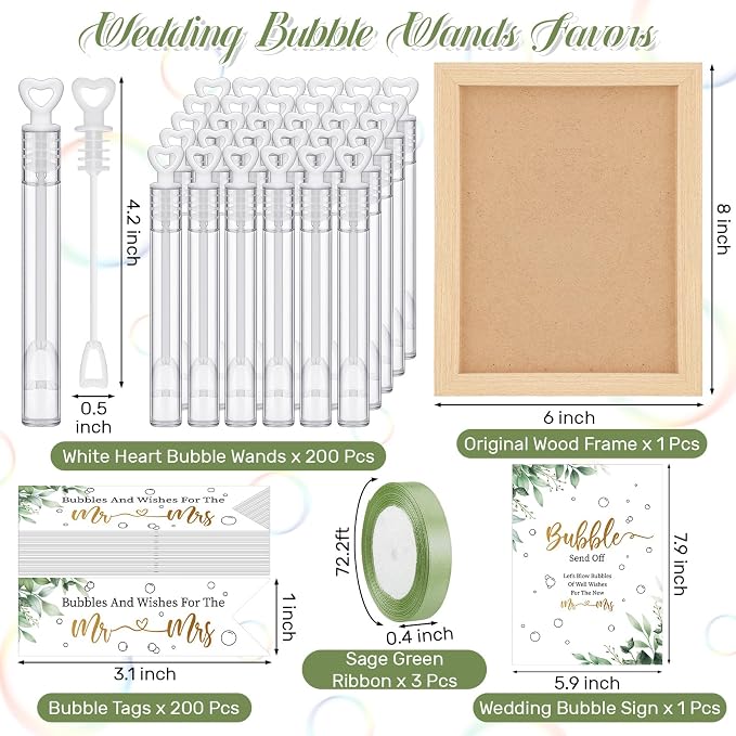 405 Pcs Wedding Send Off Bubble Ideas Set Include Heart Bubble Wands Gift Tags Cards Wood Photo Frame Ribbons Wedding Send Off Party Favors for Guests(Sage Green)