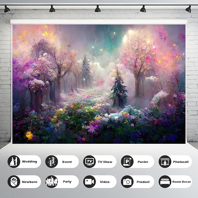 Magical Forest Backdrop Trees with Colorful Fog and Lights Photography Background Fairy Wonderland Mysterious Fantasy Forest with Lush Clouds Backdrop Decors Artist Portrait Background 10x8ft
