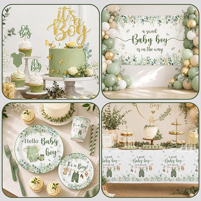 Baby Boy Shower Decorations,267pcs Baby Shower Decorations Green Plates and Napkins Cups Banner Backdrop Tablecloth Cake Topper Balloon for Sweet Baby Boy Baby Shower Decorations