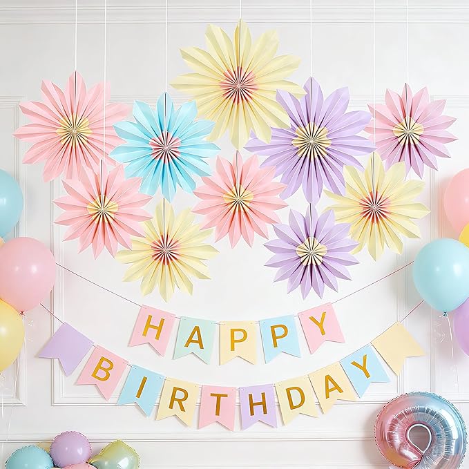 PAPER JAZZ Sunflower Party Decorations Pastel Paper Fans Party Decor Summer Beige Spring Decoration, Blue Pink Hanging Purple Flower Garland Sunflower Wall Decorations for Tea,Garden,Fairy Party.