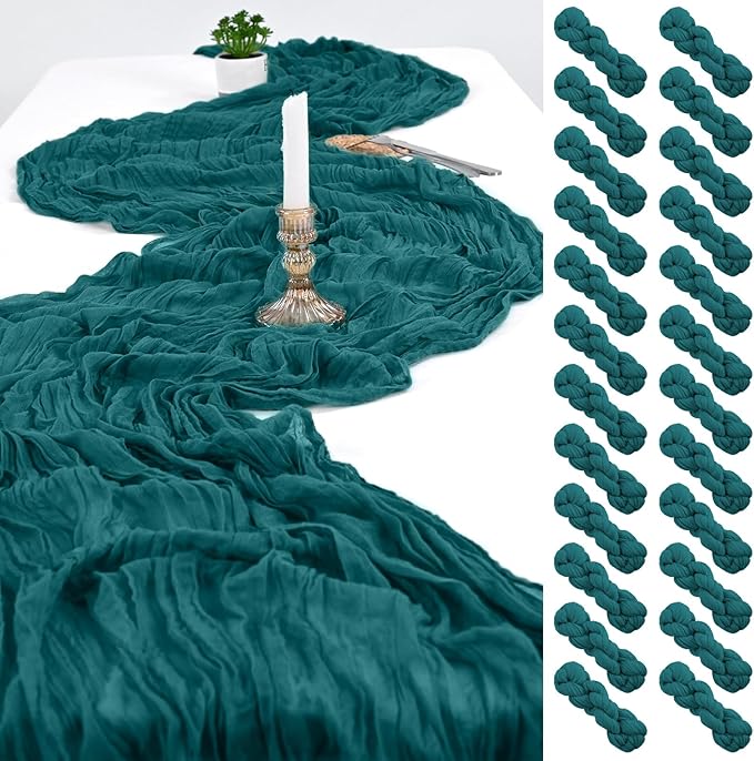 24 Pack Teal Cheesecloth Table Runner,Gauze Boho Long Cheese Cloth Table Runner 17x108 inch Rustic Table Runners for Wedding Party Bridal Shower Banquet Table Decorations
