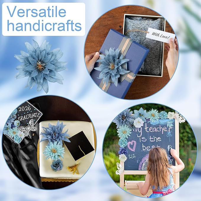 TKNOUS DIY Graduation Cap Decorations Accessory Kit, 3D Butterfly Faux Flower Heads for Grad Hats Decor Rhinestones Stickers Alphabet Letter Stickers Glitter Paper for Cake Wreath Art DIY (Blue)