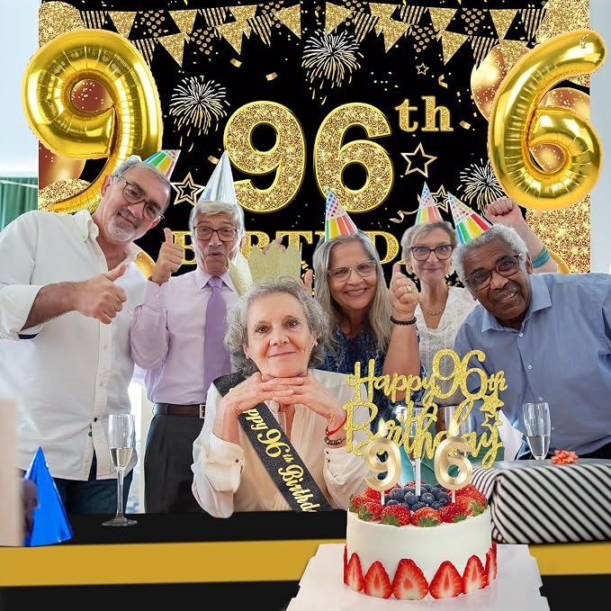 96th Birthday Decorations Men Women with 96th Birthday Banner, Black and Gold Table Cloth, Number Balloons, Large Sash, Cake Topper and Candles