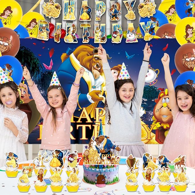 42Pack Beauty and the Beast Party Supplies Kit Set Include Banner ,Cake Topper ,Backdrop ,Balloons for Beauty and the Beast Birthday Party Decorations