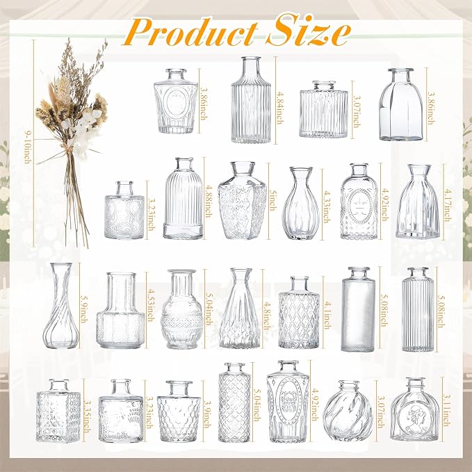 Yerliker 48pcs Glass Bud Vase Set with Dried Flower Bouquet Wedding Centerpieces for Tables, Mini Clear Bud Vases Boho Dried Flower for Centerpieces Rustic Wedding Birthday Party Anniversary Decor